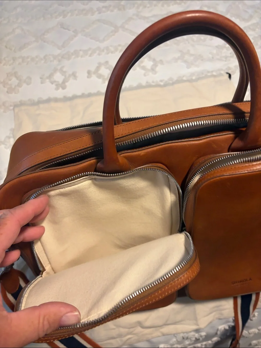 Shinola Cognac Leather Briefcase with Striped Shoulder Strap